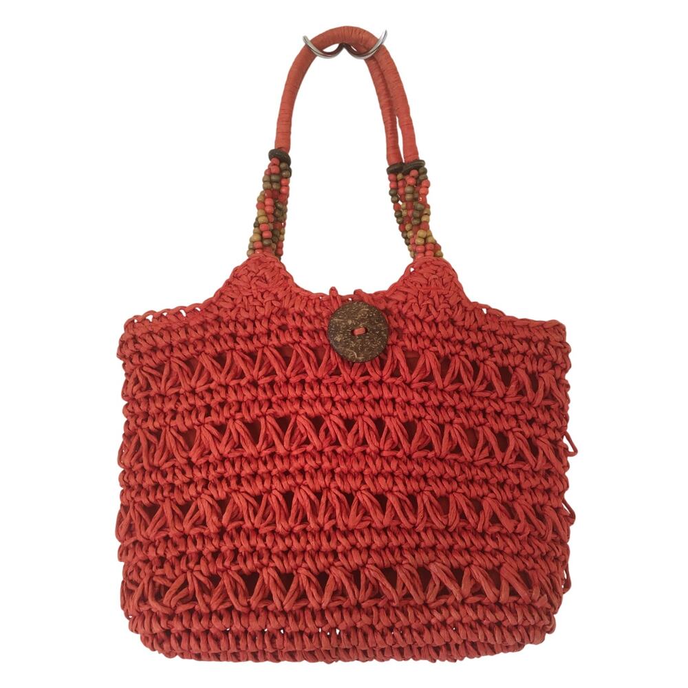 Cappelli Straworld Toyo Coral Straw Beaded Shoulder Bag Snap Closure Botton Loop